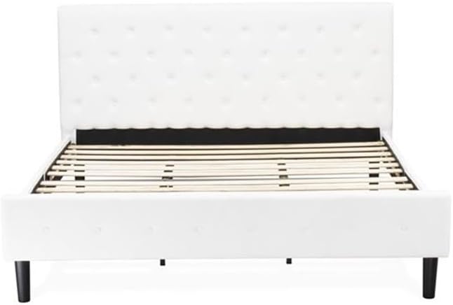 East West Furniture NL19K-2DE05 3 Piece King Bed Set - Button Tufted Bed Frame - Linen white Velvet Fabric and Upholstered Headboard and a Linen white Finish Nightstand