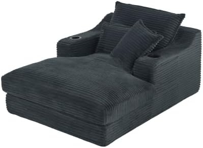 47.2' Oversized Chaise Lounge Chair Indoor, Corduroy Boneless Chaise Lounge with 2 Pillows, Comfy Reading Chair with Ottoman, Black Sleeper Chairs for Adults Living Room Bedroom (Dark Grey 47.2)