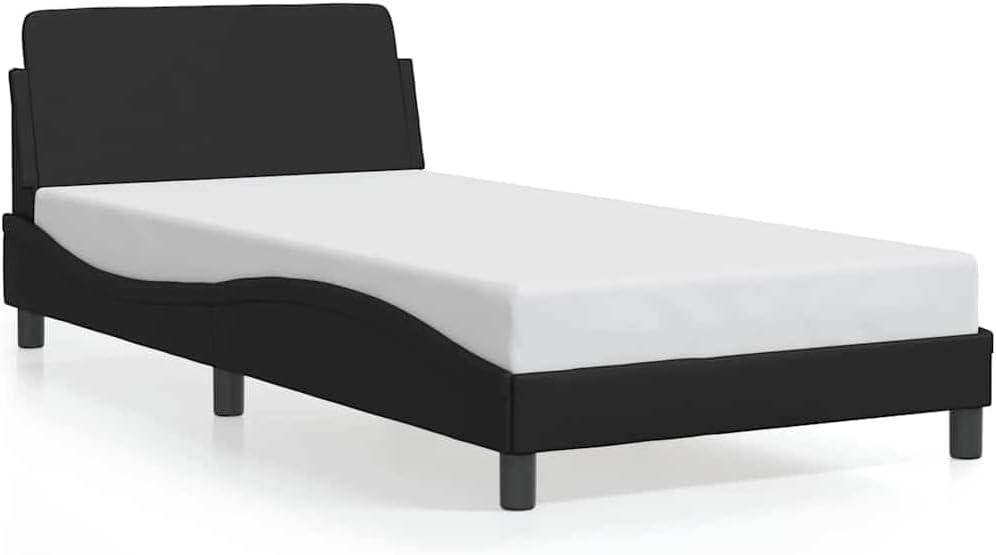 Modern Twin Bed Frame with Headboard and Hidden Storage, Black Faux Leather Upholstered on Engineered Wood and Metal Base, Sleek Design for Contemporary Bedroom, Durable