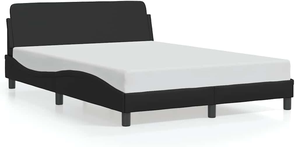 Modern Double Bed Frame with Storage, 4 Pieces Black Faux Leather Upholstered Headboard and Robust Pine Wood Construction for Bedroom