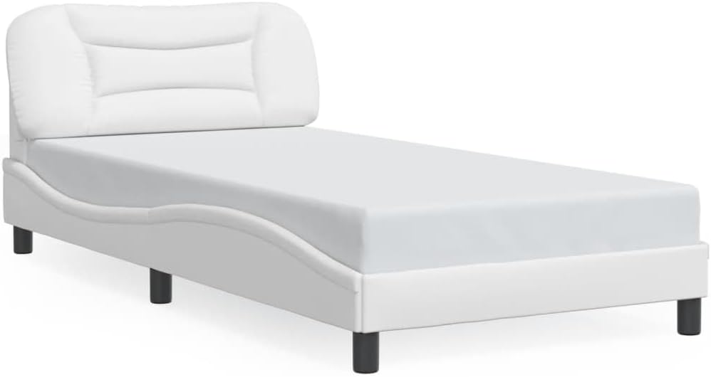 Modern White Faux Leather Bed Frame 41.3 x 81.9 x 29.3 in with Padded Headboard and Under-Bed Storage, Rectangular Platform Bedframe for Bedroom, Easy Assembly