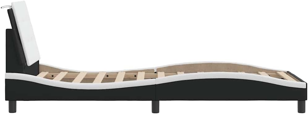Black and White Bed Frame with Wavy Side Design, 39.4 x 74.8 Inches Single Size, Solid Pine Wood and Faux Leather Construction, Soft Headboard Cushion, Stain-Resistant Modern