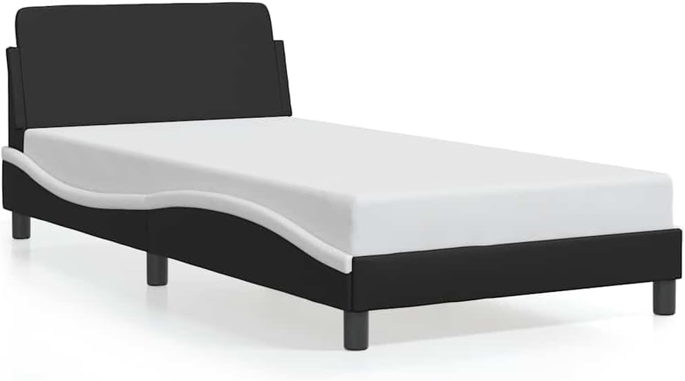 Modern Curved Twin Bed Frame in Black and White, Stylish and Contemporary Design with Waved Look for Various Decor Styles, Durable Faux Leather and Engineered Wood