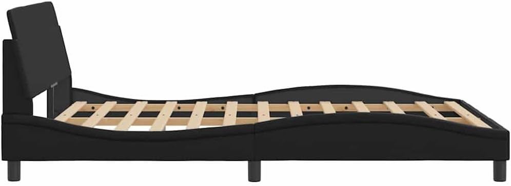Modern Double Bed Frame with Storage, 4 Pieces Black Faux Leather Upholstered Headboard and Robust Pine Wood Construction for Bedroom