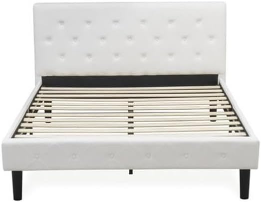 East West Furniture NL19Q-1VL0C 2 Piece Modern Bedroom Set - Button Tufted Modern Bed - Linen white Velvet Fabric Upholstered Headboard and a Wire Brushed Butter Cream Finish Nightstand