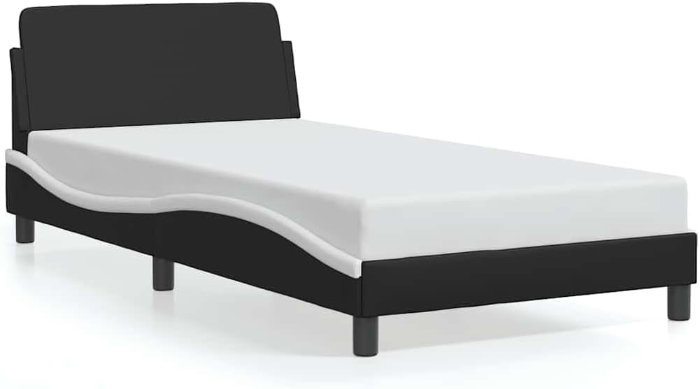 Twin Bed Frame with Storage, Modern Black and White Faux Leather Platform Bed, Solid Plywood and Metal Construction for Adults, Spacious Design, Sturdy and Durable, Easy