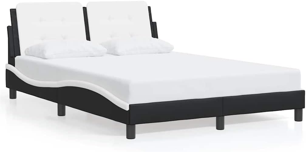 Full Bed Frame Black and White with Wavy Sides and Cushioned Headboard, Modern Design for Adults and Couples, Solid Pine Wood Construction, Stain-Resistant Faux Leather, Easy