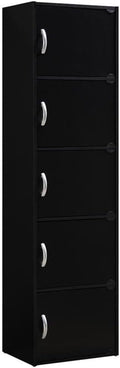 Pemberly Row 5-Shelf Bookcase with 5 Doors, Slim 59 in. Tall Design, Black Finish, Multi-Purpose Storage for Office, Bedroom, or Kids Room Organization