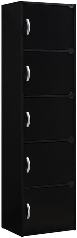 Pemberly Row 5-Shelf Bookcase with 5 Doors, Slim 59 in. Tall Design, Black Finish, Multi-Purpose Storage for Office, Bedroom, or Kids Room Organization