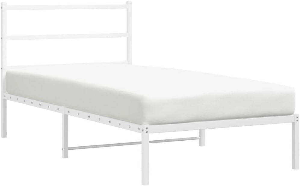 White Steel Twin Bed Frame with Headboard, 39.4' Wide 78.7' Long, Breathable Design, Powder Coated Metal Frame, Durable Construction, Easy Assembly, Modern Style for Bedroom