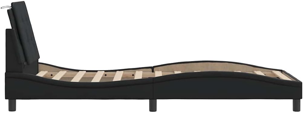 Modern Faux Leather Single Bed Frame Black Durable Sturdy Pine Wood Construction with Cushioned Headboard for Space Saving Design
