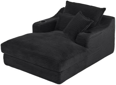 HRVEOCEI 47.2' Oversized Chaise Lounge Chair Indoor, Corduroy Boneless Chaise Lounge with 2 Pillows, Comfy Reading Chair with Ottoman, Black Sleeper Chairs for Adults Living Room Bedroom (Black 47.2)