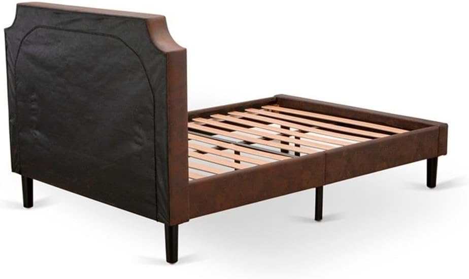 East West Furniture GB25F-1GA06 2-Piece Platform Bed Set with Button Tufted Full Bed and a Wire Brushed Black Night Stands - Dark Brown faux Leather with Black Texture and Black Legs