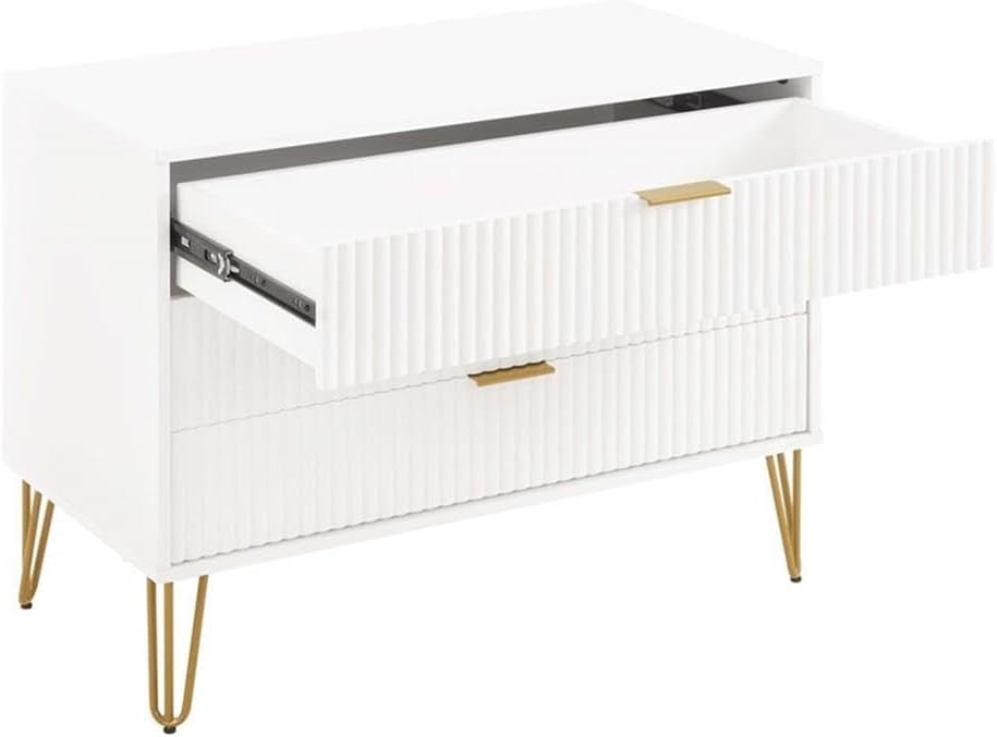 Pemberly Row 2-Piece Bedroom Dresser and Nightstand Set, MDF Construction, White Finish, Vertical Ribbed Drawers, Gold Metal Handles and Splayed Legs, Bedroom Storage Furniture, 55.26 in Dresser