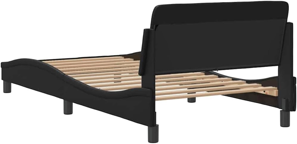 Modern Twin Bed Frame with Headboard and Hidden Storage, Black Faux Leather Upholstered on Engineered Wood and Metal Base, Sleek Design for Contemporary Bedroom, Durable
