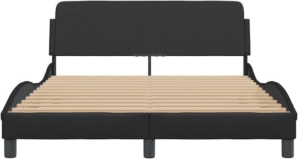 Modern Double Bed Frame with Storage, 4 Pieces Black Faux Leather Upholstered Headboard and Robust Pine Wood Construction for Bedroom