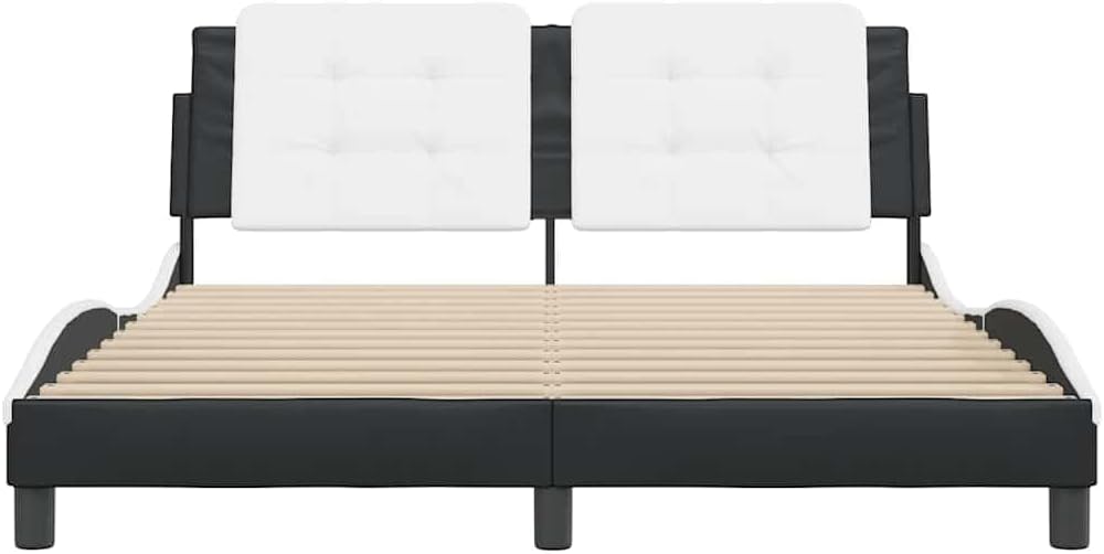 Black and White Faux Leather Full Bed Frame, Durable Modern Platform Bed with Upholstered Headboard, Sturdy Pine Wood Construction for Adult Bedroom, 4 Pieces Set Includes
