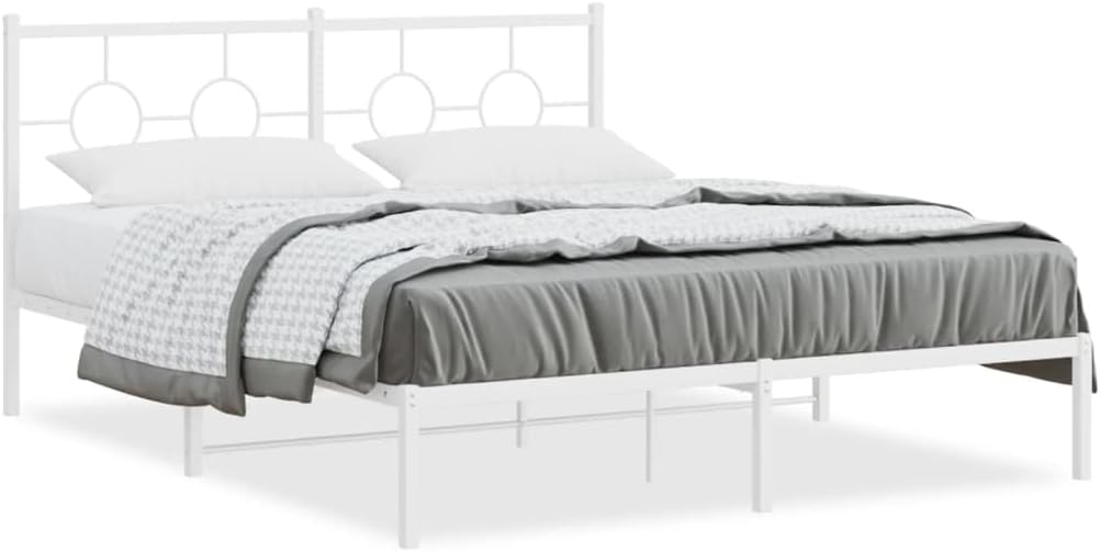 Industrial Metal Bed Frame with Headboard, White Powder-Coated Steel King Size 59x79 Inches, Heavy-Duty Construction and Breathable Design for Stable Support and Airflow,