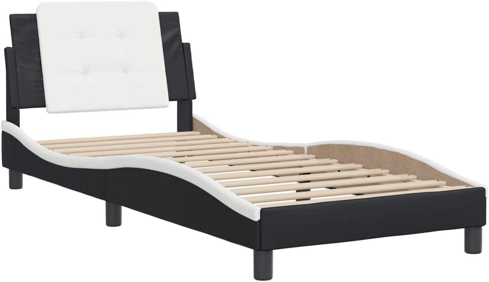 Black and White Bed Frame with Wavy Side Design, Single Size 39.4 x 74.8 Inches, Made of Solid Pine Wood and Faux Leather, Includes Soft Headboard Cushion, Stain-Resistant