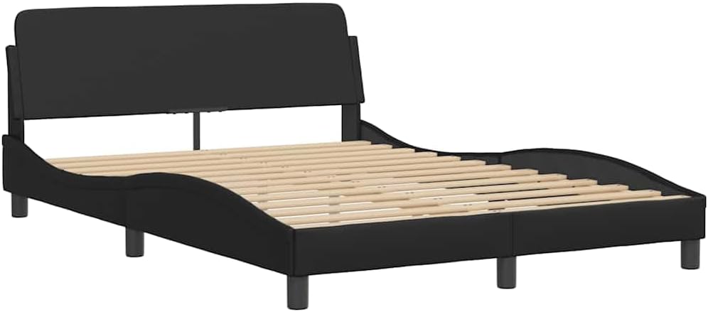 Modern Double Bed Frame with Storage, 4 Pieces Black Faux Leather Upholstered Headboard and Robust Pine Wood Construction for Bedroom