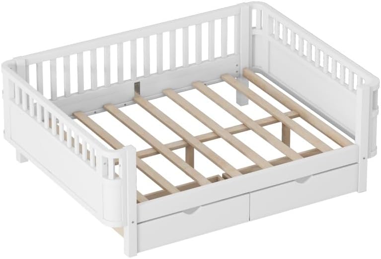 JIJIWANG Full Size Floor Bed with Storage, Montessori Floor Bed with Slats, Detachable Slats for Kids Bedroom, Girls & Boys, No Box Spring Needed, White