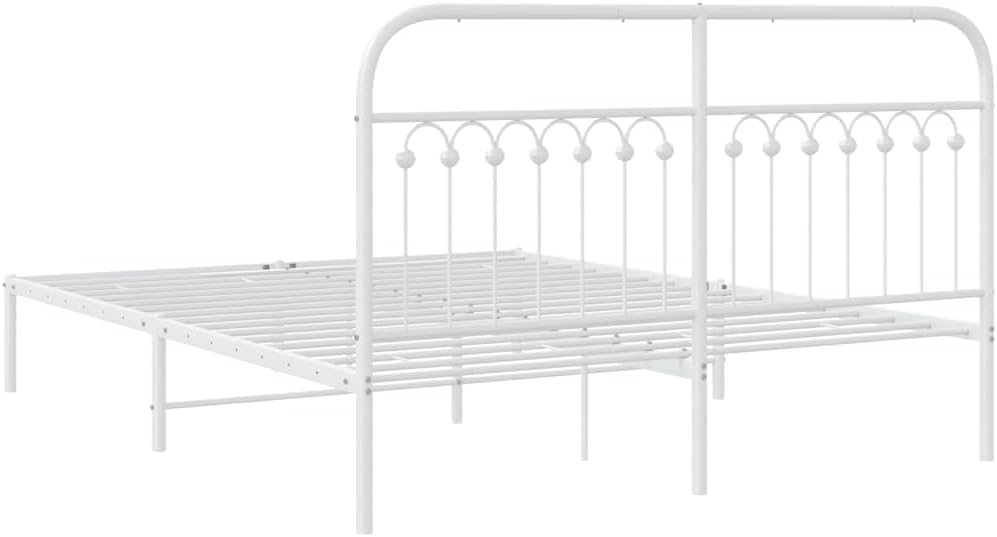 King Size Metal Bed Frame with Headboard, White Powder-Coated Steel Frame, 4 Legs for Enhanced Support, Sturdy Construction for Bedroom Furniture, Durable and Stable Design