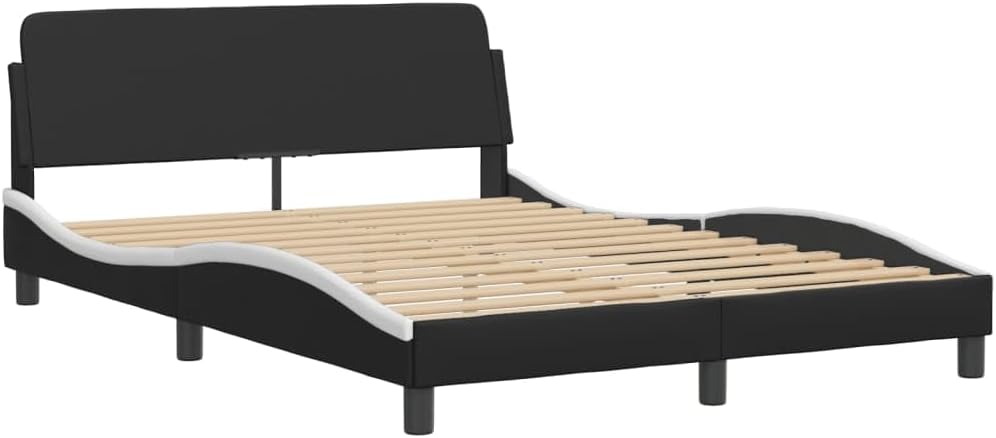 Full Bed Frame Black White 54x82x29 in Modern Faux Leather Platform Bedframe with Padded Headboard for Bedroom Furniture Sets