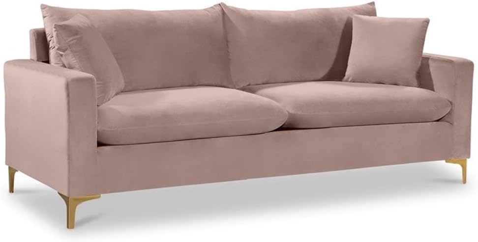 Meridian Furniture Naomi Collection Modern | Contemporary Pink Velvet Upholstered Sofa with Stainless Steel Base in a Rich Gold Finish