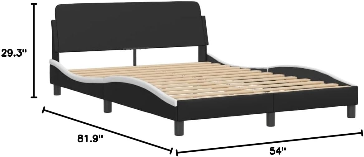 Full Bed Frame Black White 54x82x29 in Modern Faux Leather Platform Bedframe with Padded Headboard for Bedroom Furniture Sets