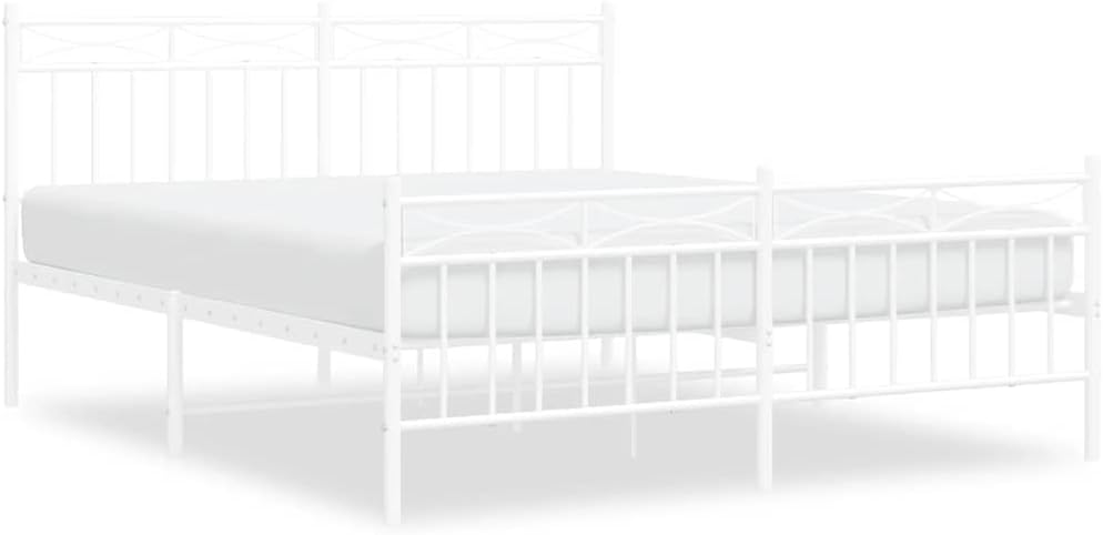 White Powder-Coated Steel King Size Bed Frame with Open Base for Storage, Durable Metal Bed Support for Mattress, Sturdy Frame with Timeless Design and Sleek Finish, Easy