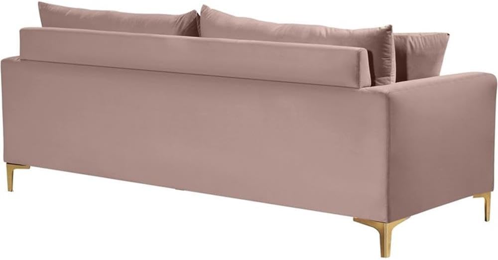 Meridian Furniture Naomi Collection Modern | Contemporary Pink Velvet Upholstered Sofa with Stainless Steel Base in a Rich Gold Finish