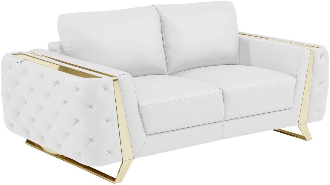 Blackjack Furniture Reggio Collection Full Grain Italian Leather Sofas for Living Room with Brazilian Wood Frame and Stainless Steel Legs, 3-Piece Set, Sofa, Loveseat, and Chair, White