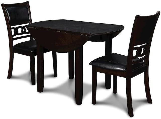Furnifact Brown 3 Piece Drop Leaf Table and Chairs, Solid Wood Round Dining Table with Chairs, Transitional Compact Design for Kitchens with Upholstered Seating