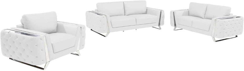 Blackjack Furniture Reggio Collection Full Grain Italian Leather Sofas for Living Room with Brazilian Wood Frame and Stainless Steel Legs, 3-Piece Set, Sofa, Loveseat, and Chair, White