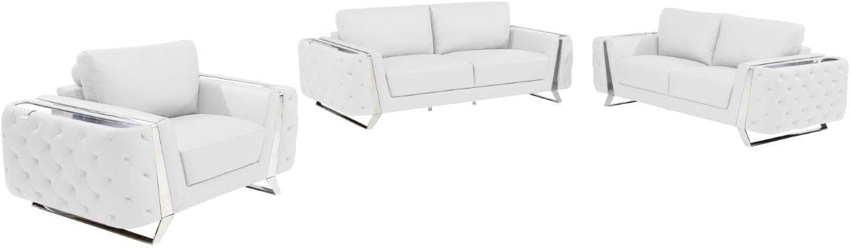 Blackjack Furniture Reggio Collection Full Grain Italian Leather Sofas for Living Room with Brazilian Wood Frame and Stainless Steel Legs, 3-Piece Set, Sofa, Loveseat, and Chair, White