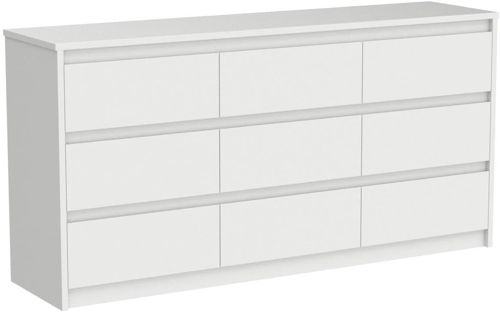 9 Drawer Dresser for Bedroom with Deep Drawers, Large Floor Wood Dressers & Chest of Drawers Handle Free, Modern White Long Dressers for Closet Living Room, Euro Slide (63'W x 15.7'D x 31.5'H)