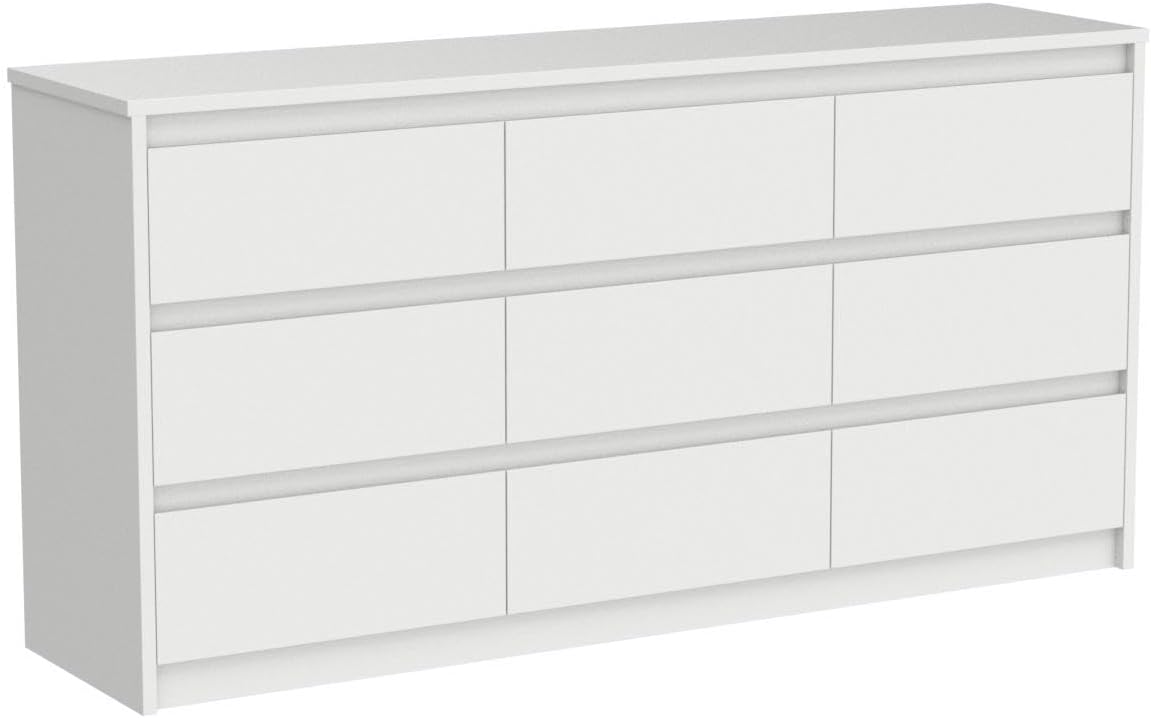 9 Drawer Dresser for Bedroom with Deep Drawers, Large Floor Wood Dressers & Chest of Drawers Handle Free, Modern White Long Dressers for Closet Living Room, Euro Slide (63'W x 15.7'D x 31.5'H)