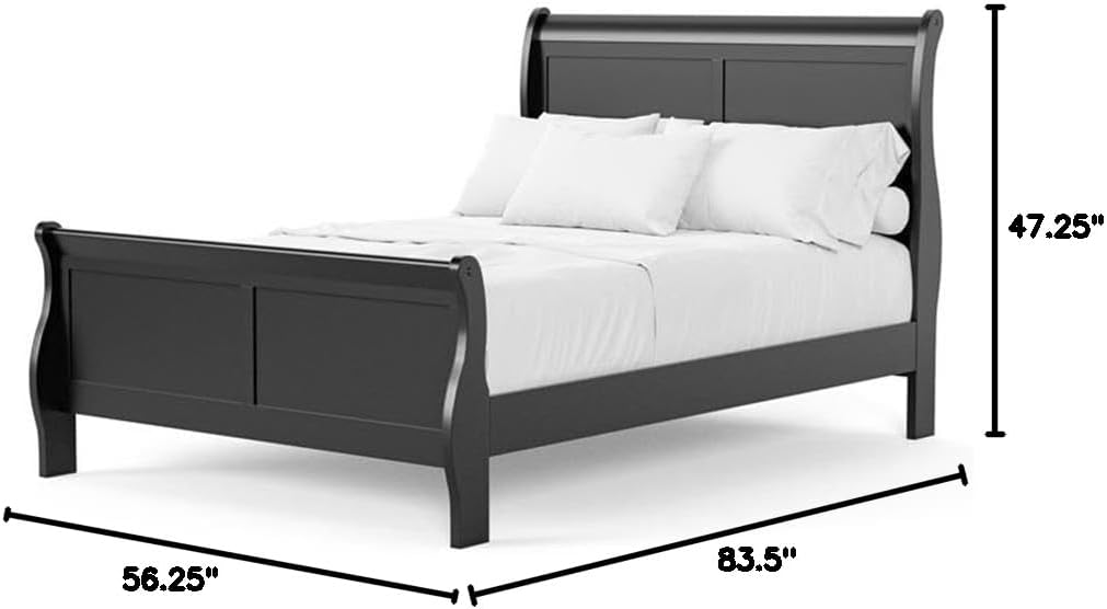 MAKLAINE Modern Transitional Solid Wood Panel Full Bed, Black Finish, Sleigh Design, 83.5' L x 56.25' W x 47.25' H, Curved Headboard and Footboard, Kids Bedroom Furniture, Box Spring Required