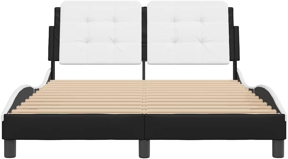 Black and White Full Bed Frame with Wavy Side Design, 54 x 75 Inches, Faux Leather Upholstered Headboard, Solid Pine Wood Construction for Modern Bedroom, Durable and Easy