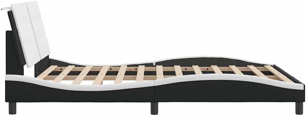 Black and White Faux Leather Full Bed Frame, Durable Modern Platform Bed with Upholstered Headboard, Sturdy Pine Wood Construction for Adult Bedroom, 4 Pieces Set Includes