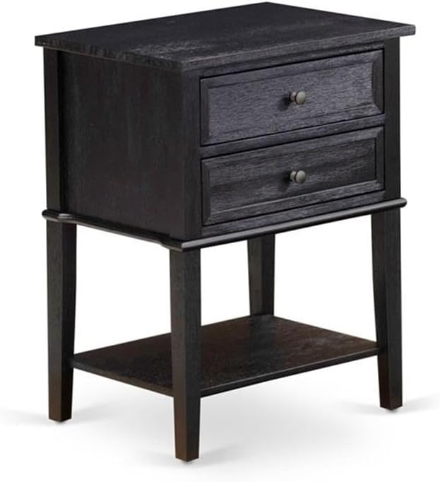 East West Furniture GB25Q-2VL06 3-Piece Queen Bedroom Set with Button Tufted Wood Bed Frame and Two Wire-Brushed End Tables – Dark Brown Faux Leather with a Black Finish and Textured Legs.