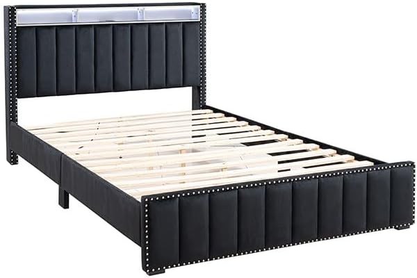 MASARA Modern 3 Pcs Platform Bedroom Set, Black Upholstered, Contemporary Style, Crystal Knobs, Nailhead Trim, Bed with 2 Nightstands (Queen)