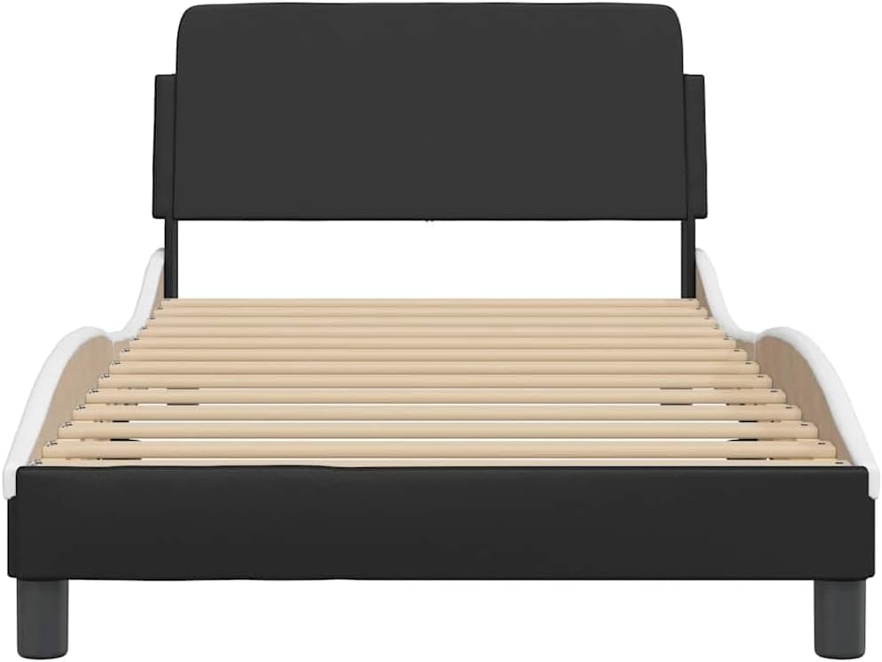 Twin Bed Frame with Storage, Modern Black and White Faux Leather Platform Bed, Solid Plywood and Metal Construction for Adults, Spacious Design, Sturdy and Durable, Easy