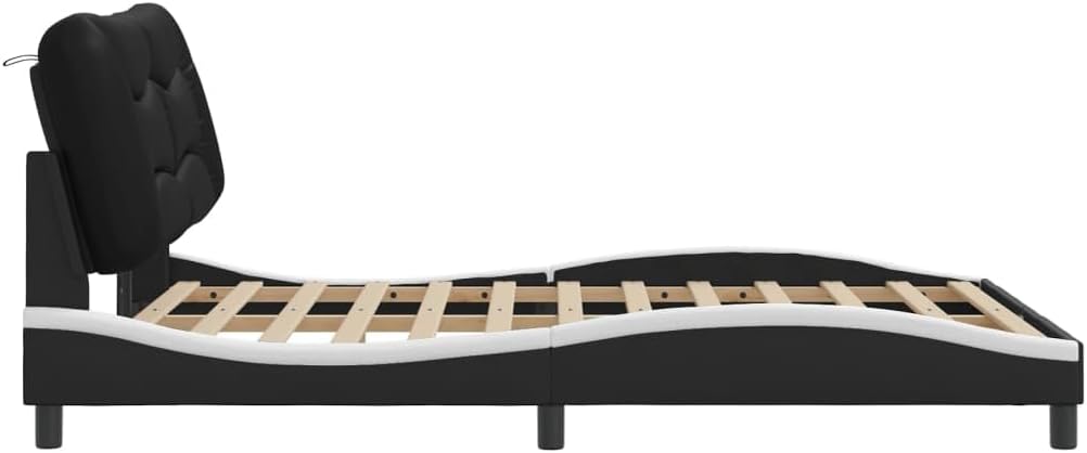 Full Bed Frame Black White 54x82x29 in Modern Faux Leather Platform Bedframe with Padded Headboard for Bedroom Furniture Sets