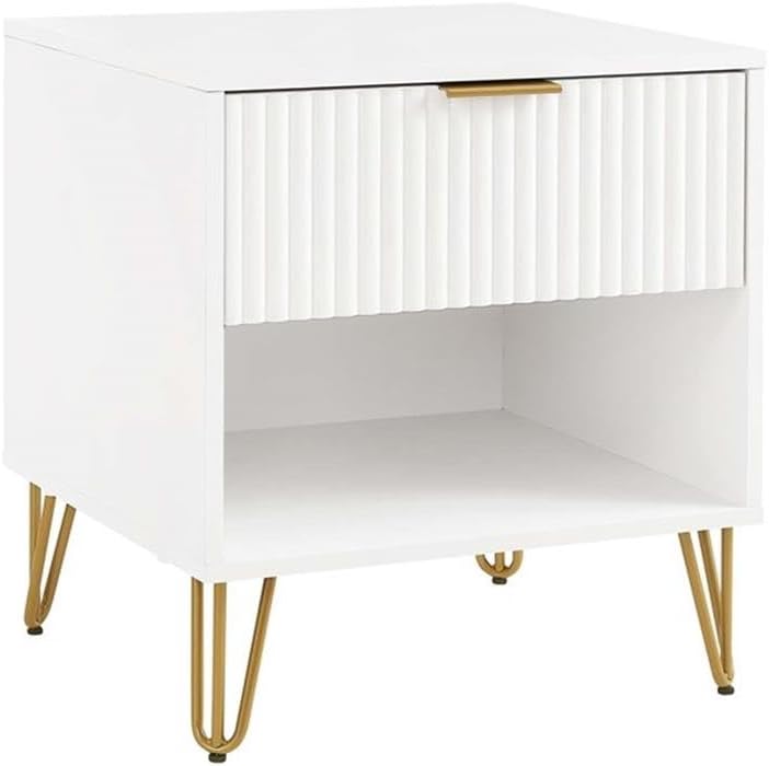 Pemberly Row 2-Piece Bedroom Dresser and Nightstand Set, MDF Construction, White Finish, Vertical Ribbed Drawers, Gold Metal Handles and Splayed Legs, Bedroom Storage Furniture, 55.26 in Dresser