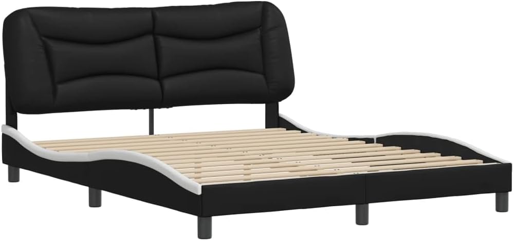 Bed Frame Black and White 61.8'x85.8'x29.3' Matte – Modern Platform Bed Frame with Faux Leather Upholstered Headboard for Adult Couples Bedroom Furniture