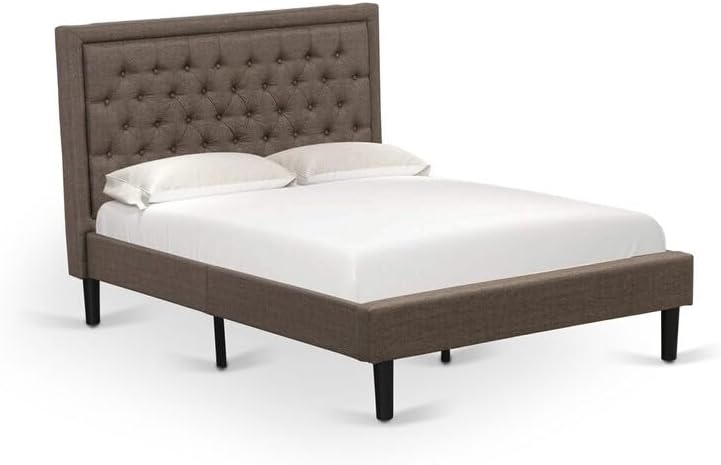 HomeStock Asian Aesthetics 2 Pc Bedroom Set 1 Full Platform Bed Brown Linen Fabric Padded and Button Tufted Headboard 1 Wooden Nightstand with Wooden Drawer Black Finish Legs