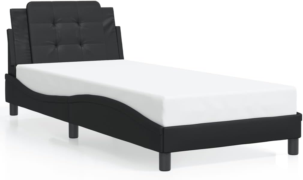 Black Faux Leather Single Bed Frame with Headboard, Durable Pine Wood Construction for Modern Bedroom, 39.4 x 74.8 Inch Mattress Size, Space-Saving Design, Stain-Resistant