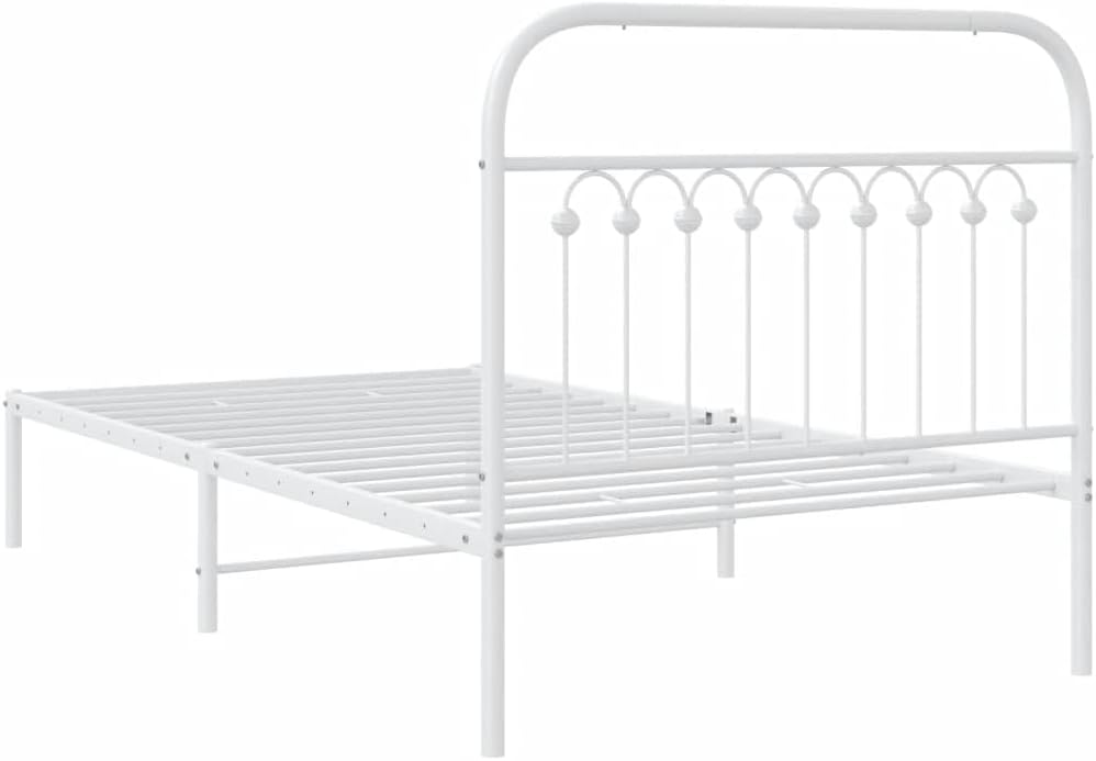 White Steel Bed Frame 39.4 x 78.7 Inches with Headboard, Sturdy Metal Frame for Standard Mattress, Classic Design for Bedroom or Guest Room, Easy Assembly, Rust-Resistant