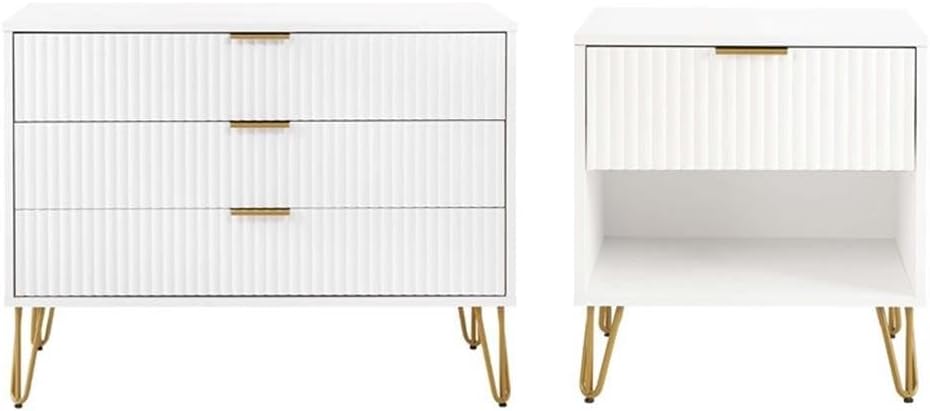 Pemberly Row 2-Piece Bedroom Dresser and Nightstand Set, MDF Construction, White Finish, Vertical Ribbed Drawers, Gold Metal Handles and Splayed Legs, Bedroom Storage Furniture, 55.26 in Dresser